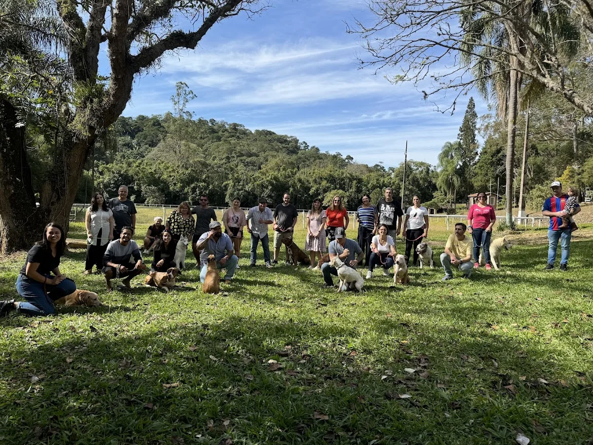 Grupo de participantes e seus cães reunidos ao ar livre